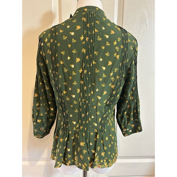 Lauren Moffatt Blouse Womens S green floral Silk Print Snap Prairie Cottagecore - Picture 3 of 11